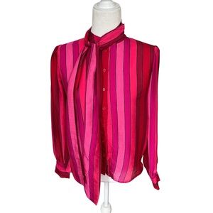 Express Pink Red Stripe Satin Button Up Necktie Shirt Size XS